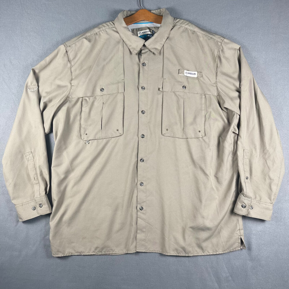 Magellan Outdoors Relaxed Fit Button Up Shirt MensBeige  2XL L/S Vented  Fishing